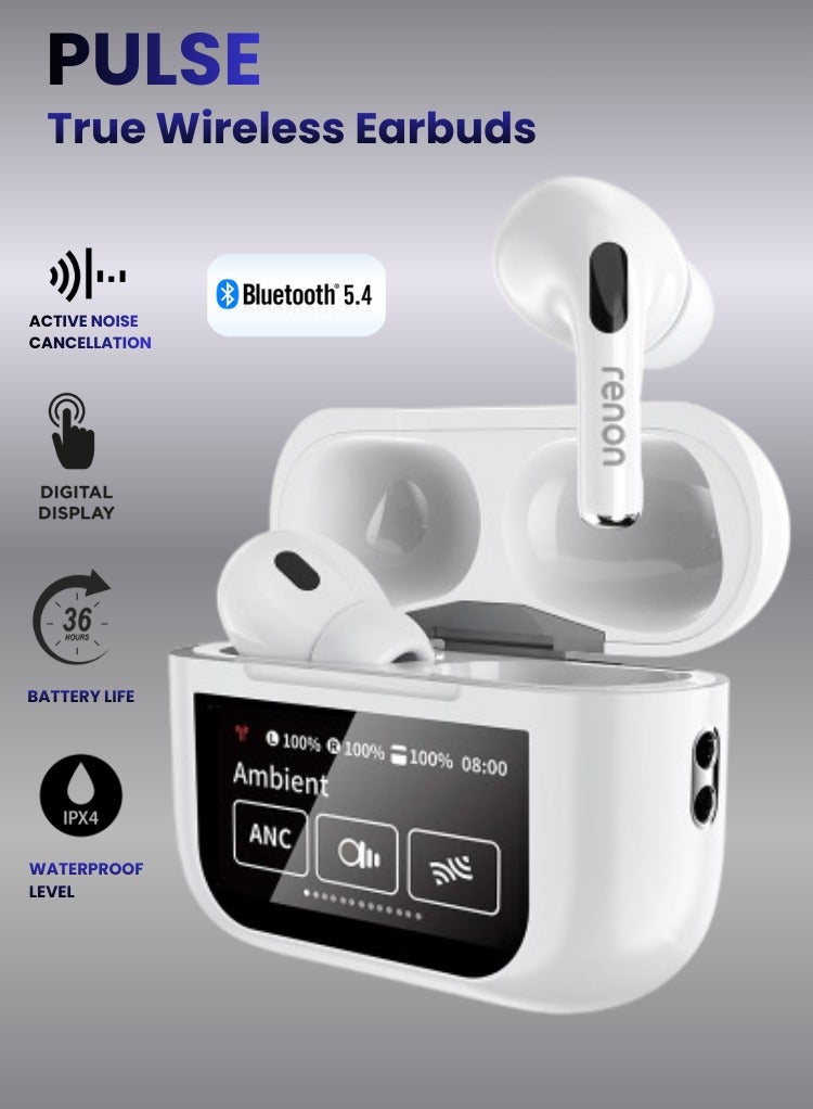 RENON Pulse True Wireless Earbuds, Touch Screen Digital Case, ANC+ENC Dual Noise Cancelling Bluetooth 5.4 Headphones with 36H Battery Life, Spatial Sound, 1.47" Display, IPX4 Waterproof - Image 1